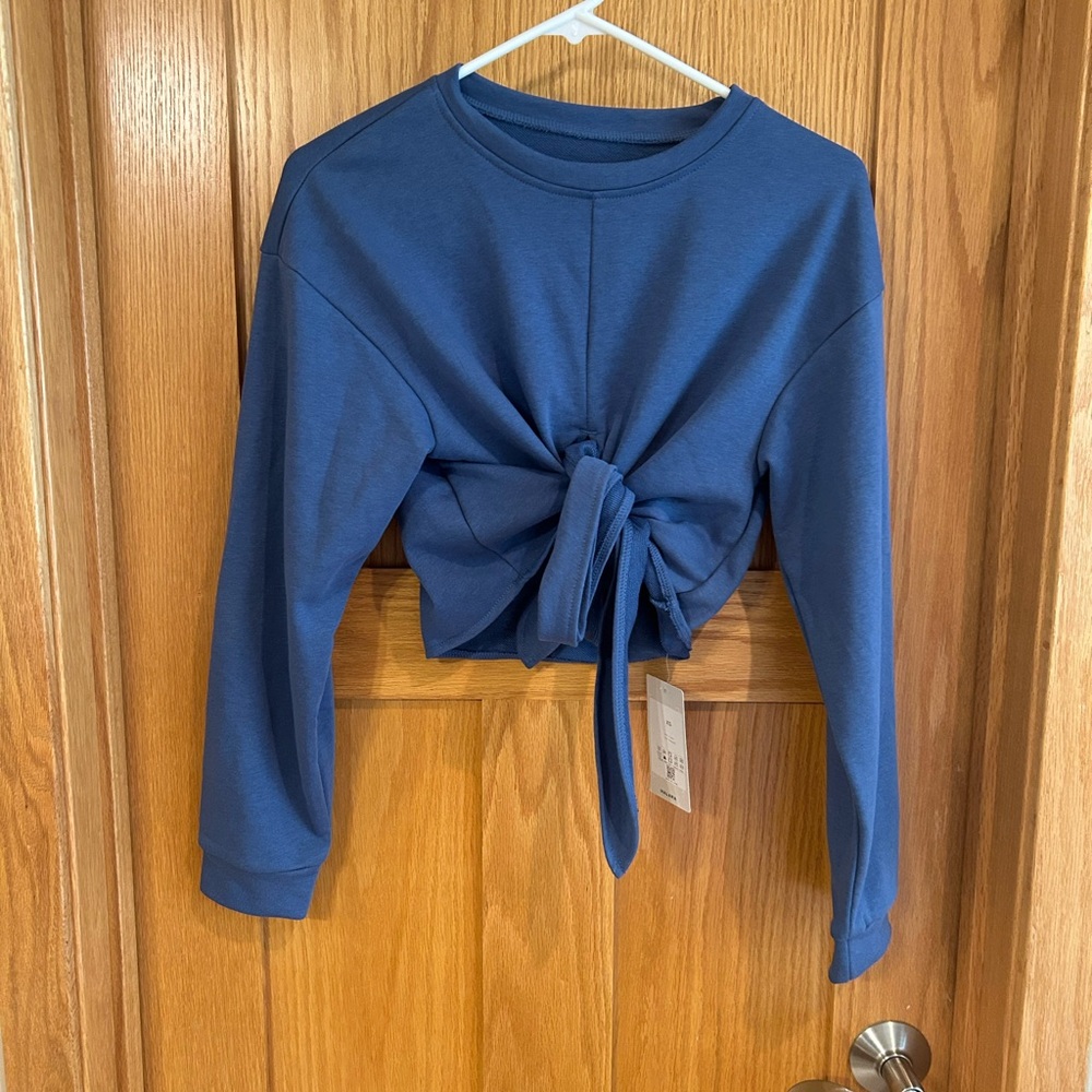 NEW Halara Dropped Shoulder Wrap Tie Crop Top Sweatshirt Blue XS